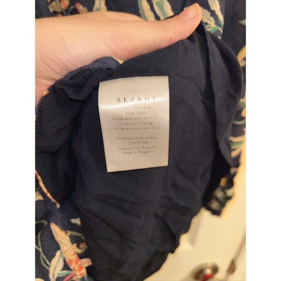 Sezane Dress Navy Blue Tropical Floral Print Long Sleeve Button Front Mini Short - Picture 7 of 10